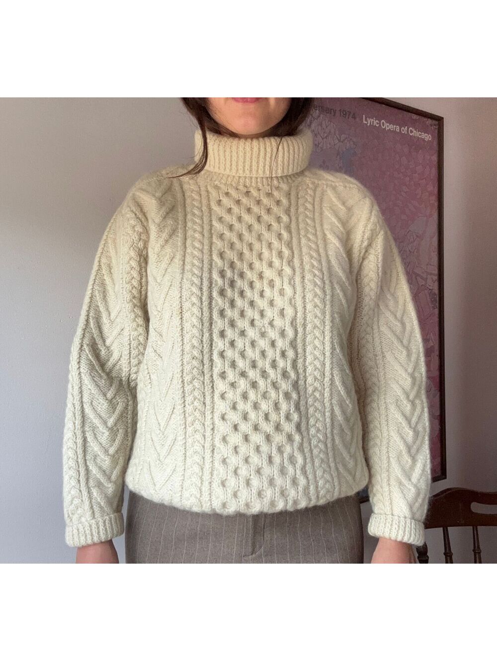 Vintage Saks Fifth Avenue Cream Wool Cable Knit Turtleneck Sweater